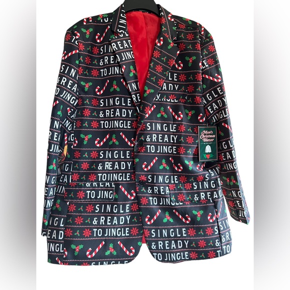 LIFE OF THE PARTY mens UGLY tacky Christmas blazer Single & ready to JINGLE NWT - Picture 2 of 7